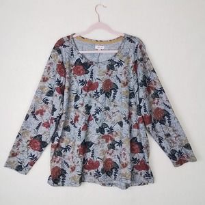 Perse Womens Knit Blouse 2X Long Sleeve Gray Floral Relaxed Scoop Neck‎ Knit Tee